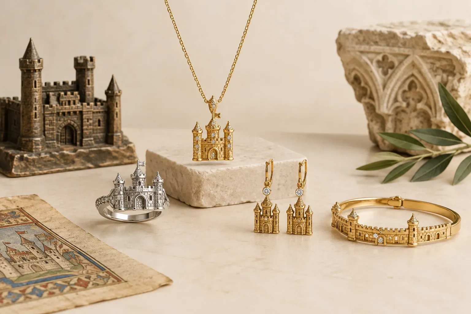Editorial jewelry still life for Castle Jewelry Meaning: History, Symbolism, and Modern Wear