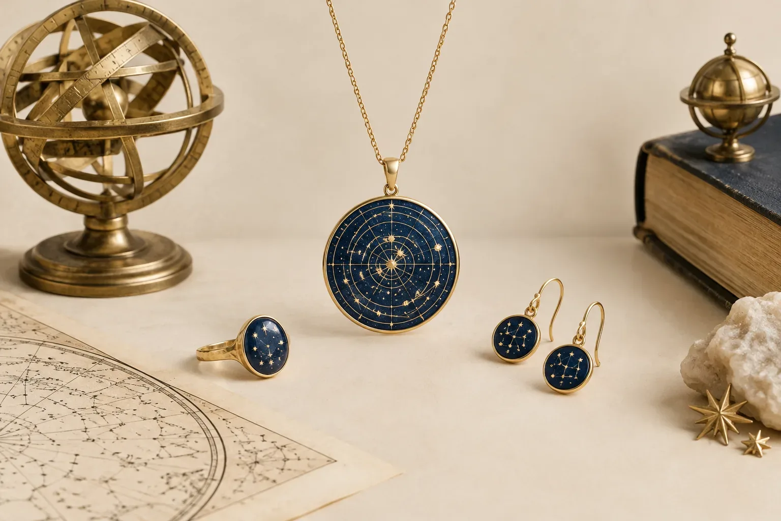 Editorial jewelry still life for Celestial Map Jewelry Meaning: History, Astronomy, and Modern Symbolism