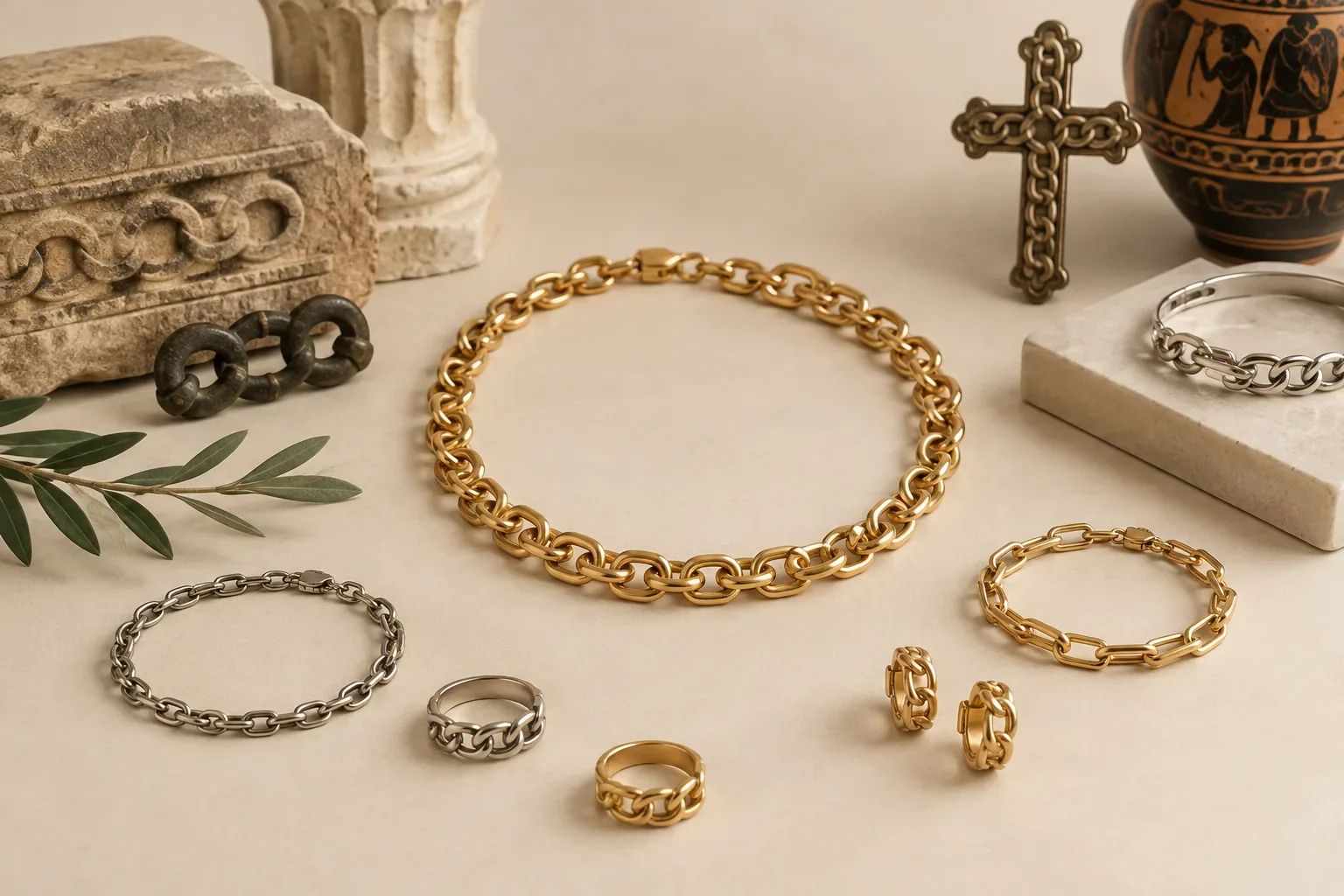 Editorial jewelry still life for Chain Link Jewelry Meaning: History, Symbolism, and Modern Wear
