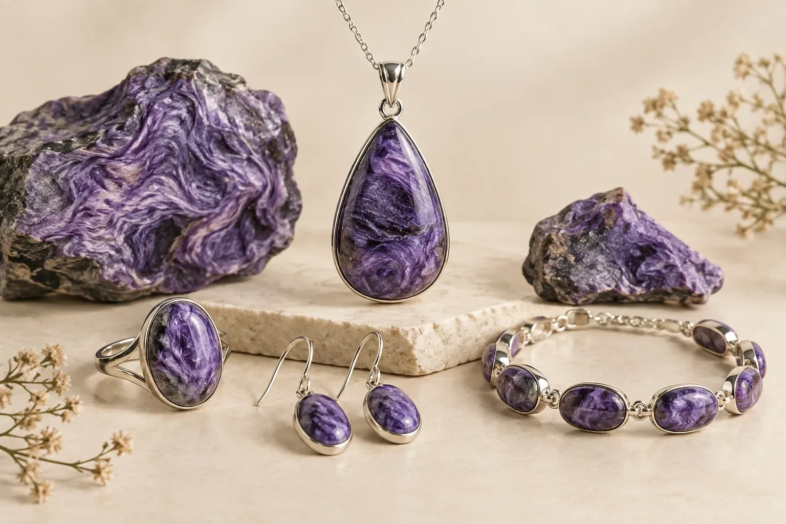 Editorial jewelry still life for Charoite Jewelry Meaning: Pattern, Origin, Buying, and Care