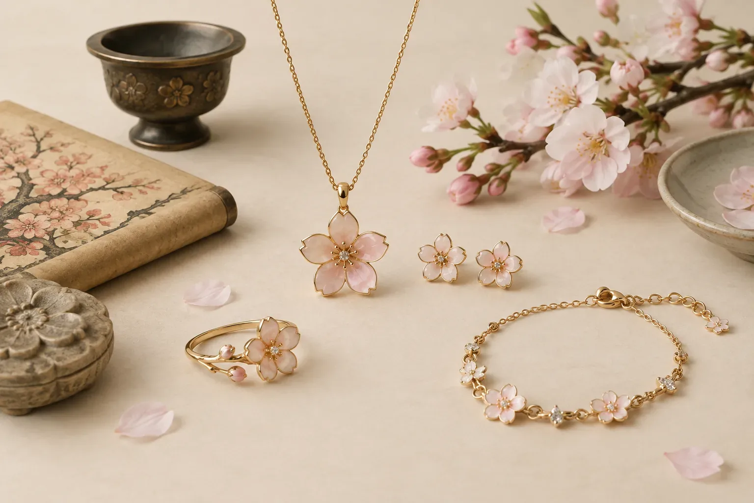 Editorial jewelry still life for Cherry Blossom Jewelry Meaning: History, Symbolism, and Modern Wear