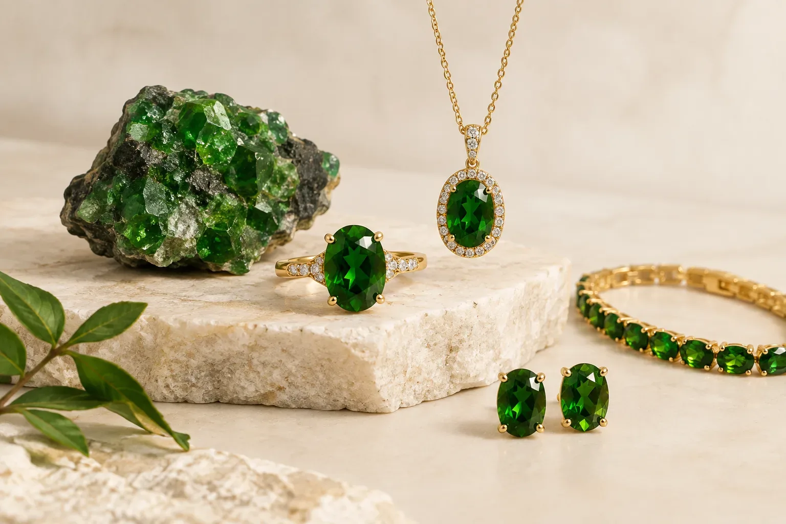 Editorial jewelry still life for Chrome Diopside Jewelry Meaning: Color, Buying, and Care