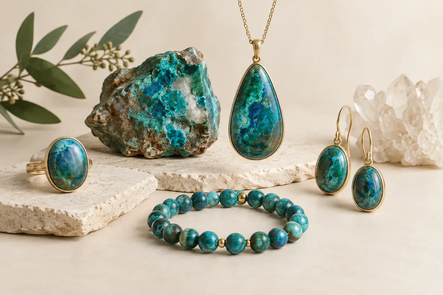 Editorial jewelry still life for Chrysocolla Jewelry Meaning: Color, Buying, Durability, and Care