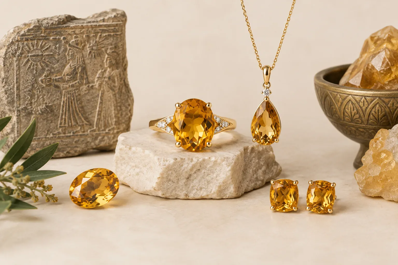 Editorial jewelry still life for Citrine Cuts and Settings: Choosing Beauty and Durability