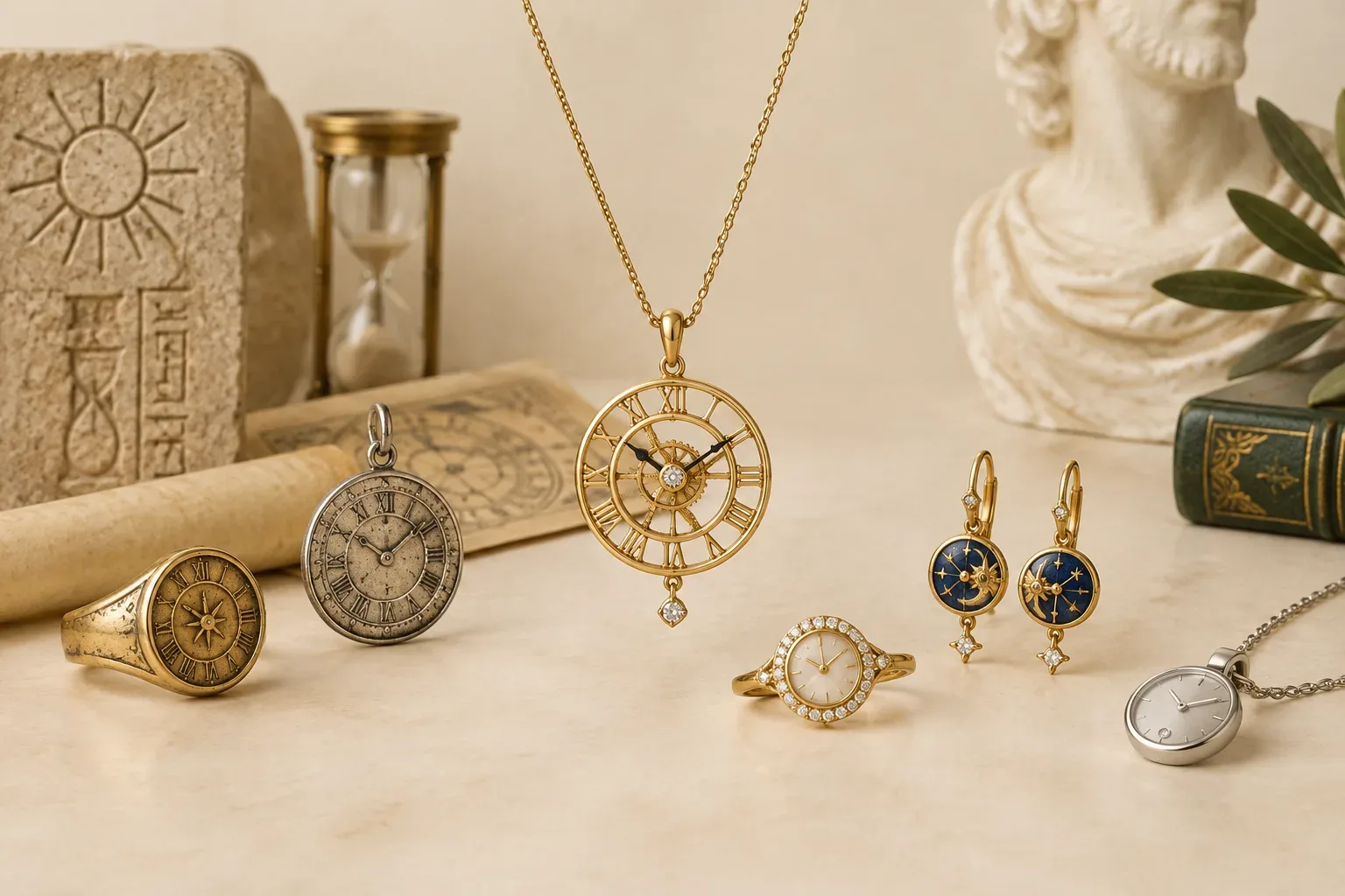 Editorial jewelry still life for Clock Jewelry Meaning: History, Symbolism, and Modern Wear