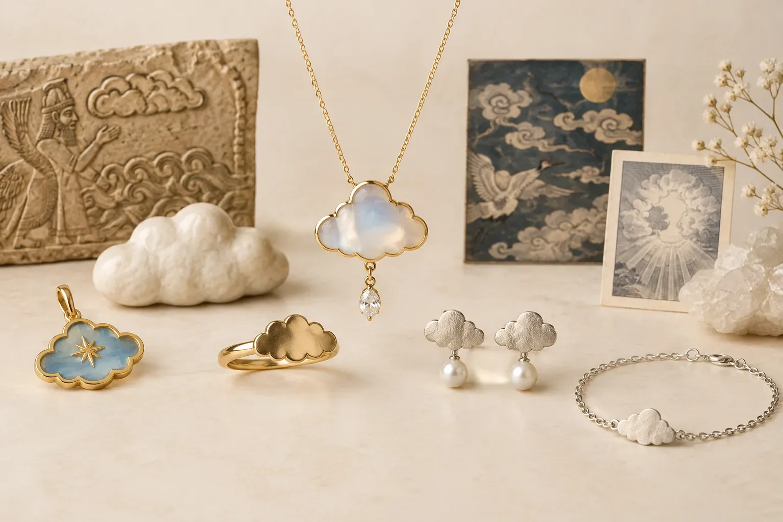Editorial jewelry still life for Cloud Jewelry Meaning: History, Symbolism, and Modern Wear