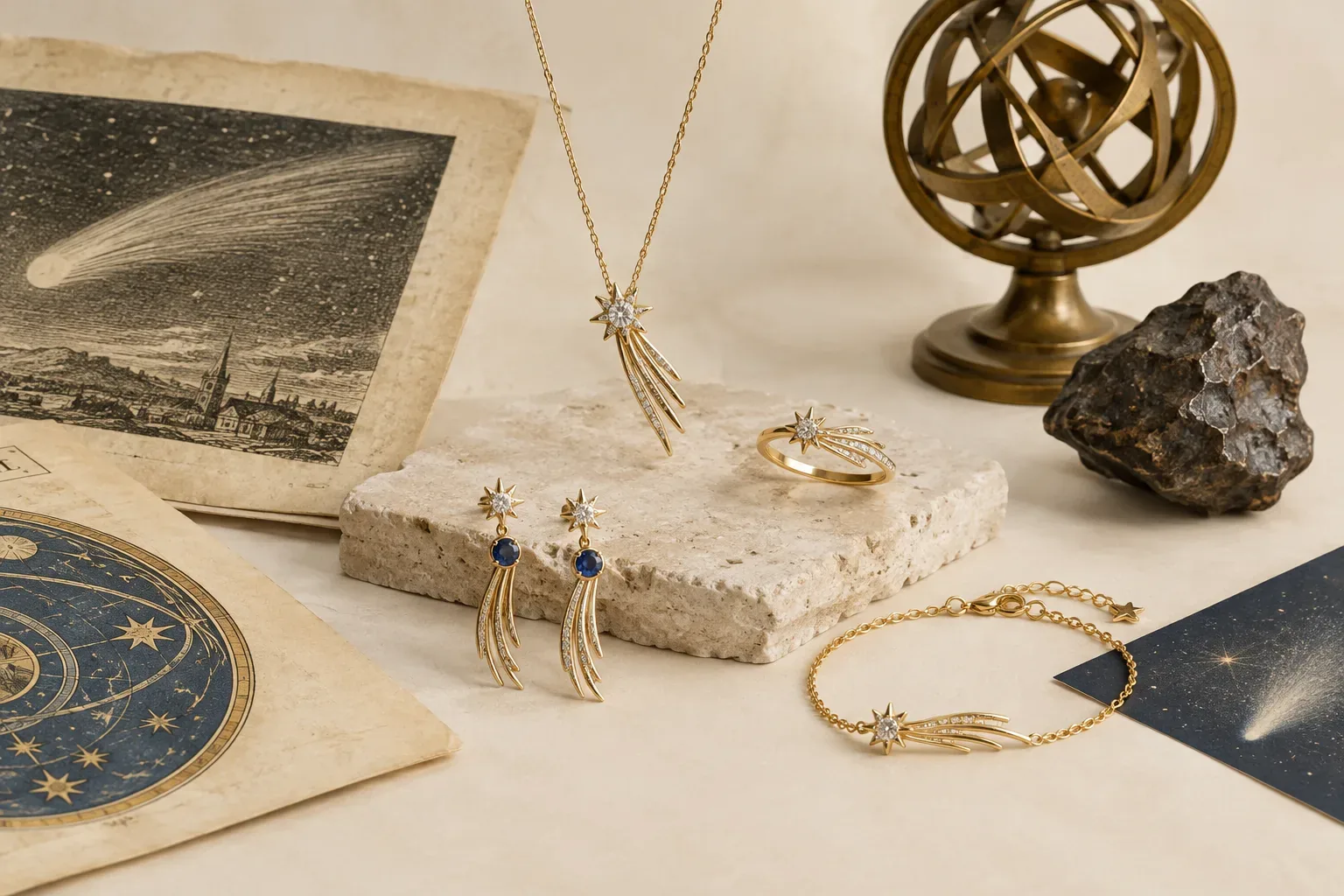 Editorial jewelry still life for Comet Jewelry Meaning: History, Astronomy, and Modern Symbolism