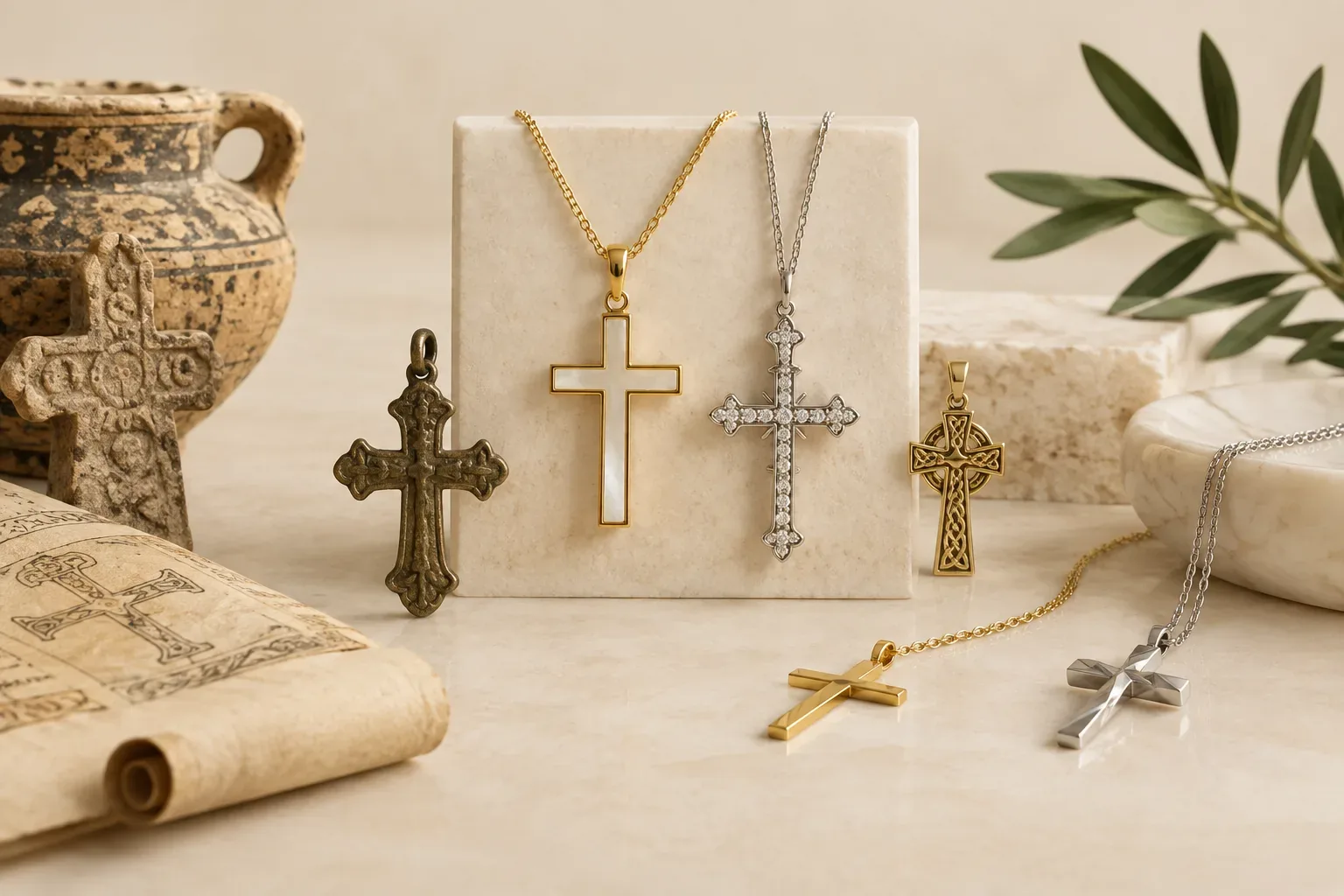 Editorial jewelry still life for Cross Jewelry Meaning: History, Symbolism, and Modern Wear