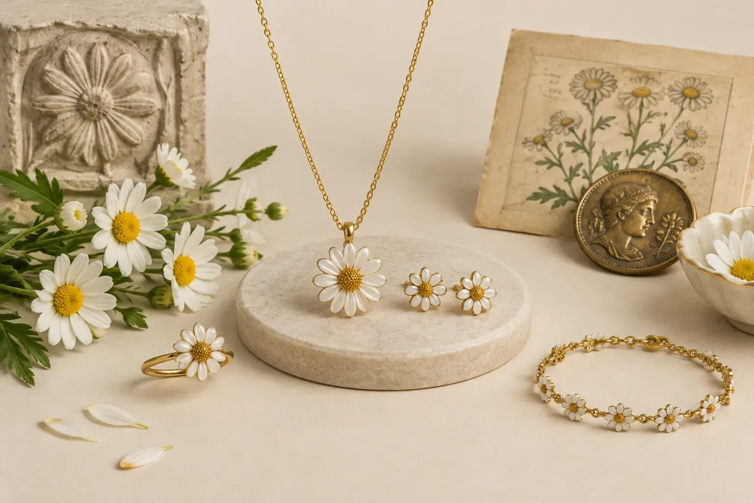 Editorial jewelry still life for Daisy Jewelry Meaning: History, Symbolism, and Modern Wear