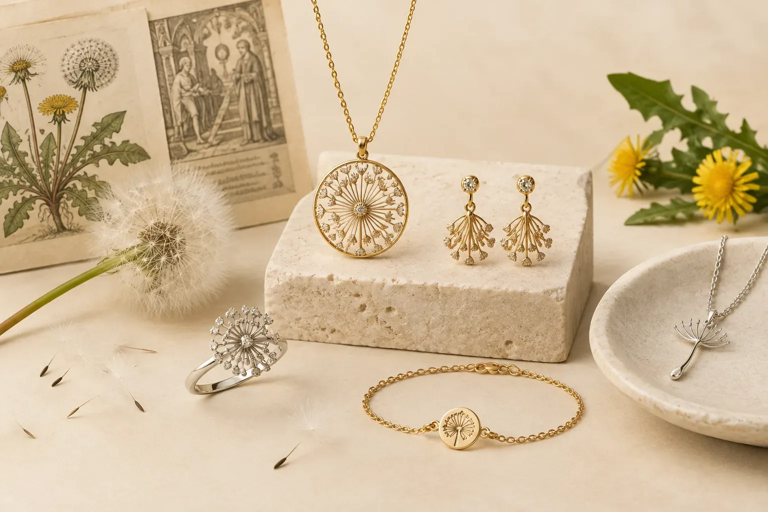 Editorial jewelry still life for Dandelion Jewelry Meaning: History, Symbolism, and Modern Wear