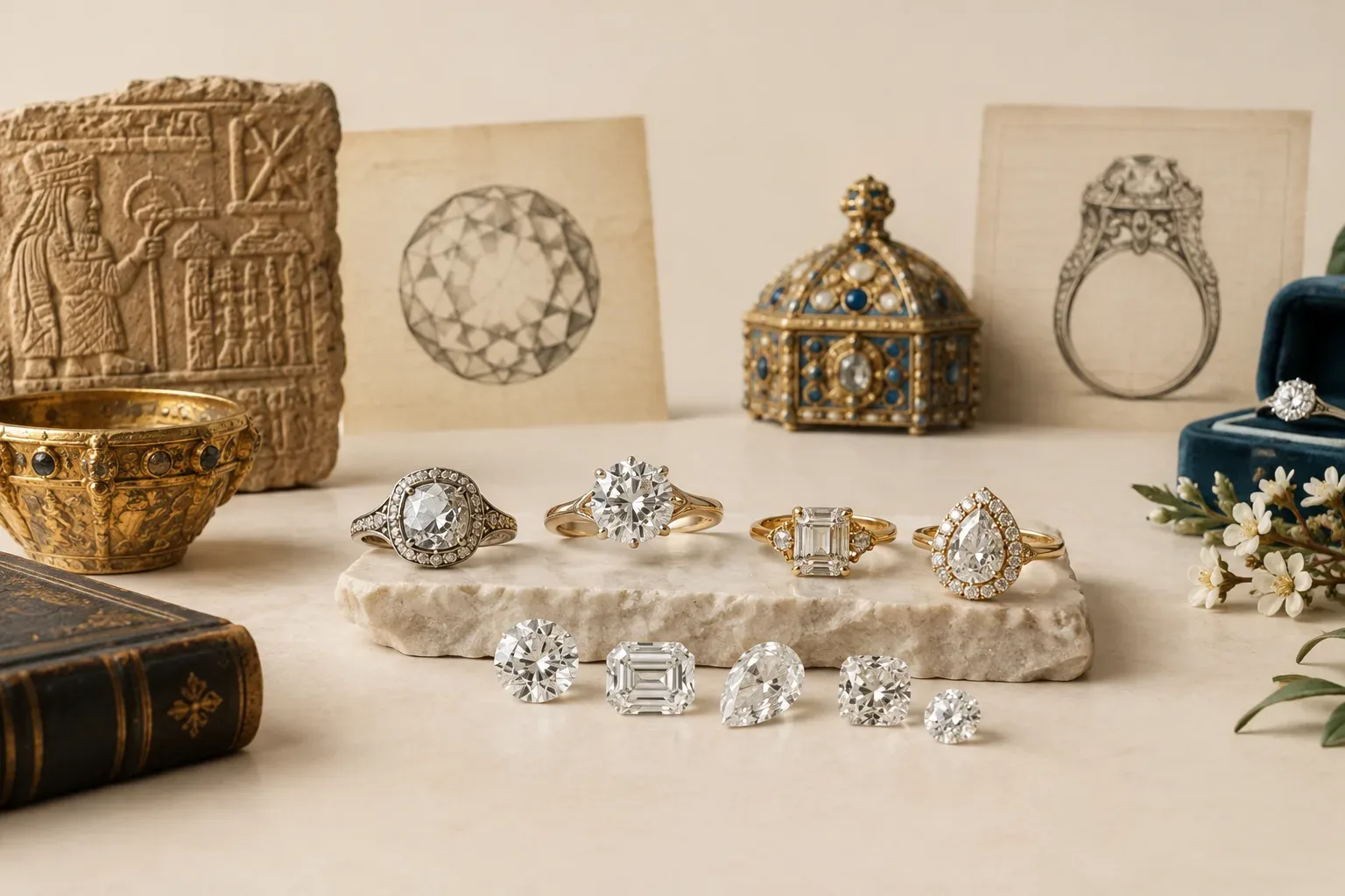 Editorial jewelry still life for Diamond Cuts and Settings: Choosing Beauty and Durability
