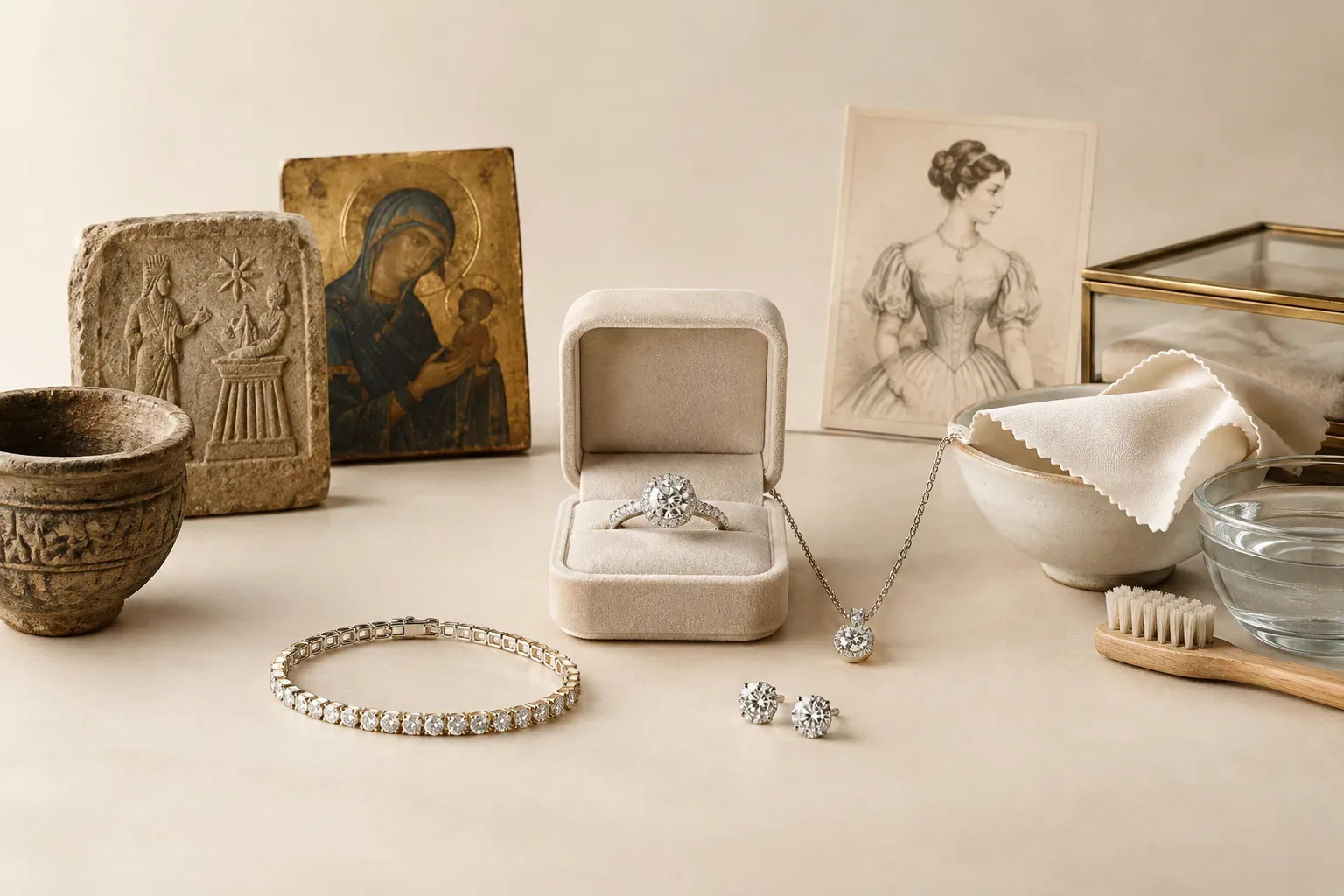 Editorial jewelry still life for Diamond Jewelry Cleaning and Storage Guide: Safe Methods and Mistakes