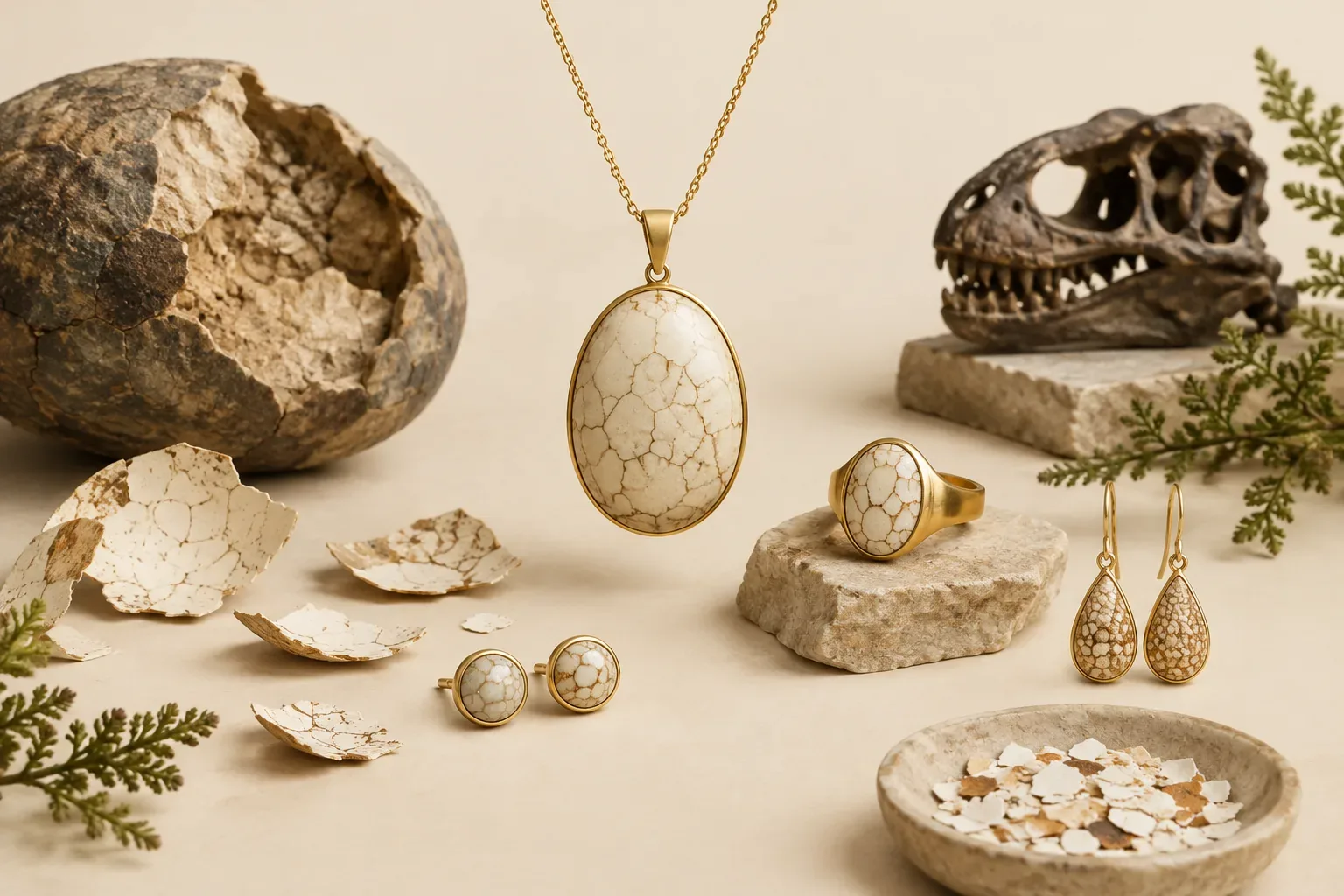 Editorial jewelry still life for Dinosaur Eggshell Jewelry Guide: Natural History, Meaning, and Responsible Wear