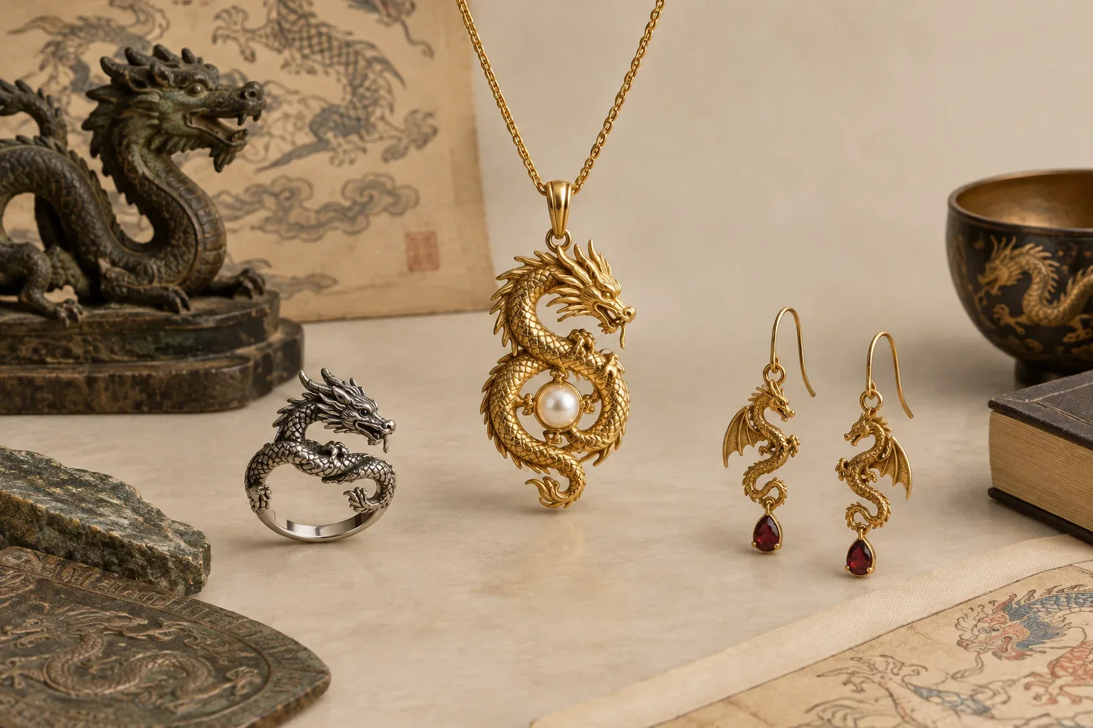 Editorial jewelry still life for Dragon Jewelry Meaning: History, Symbolism, and Modern Wear