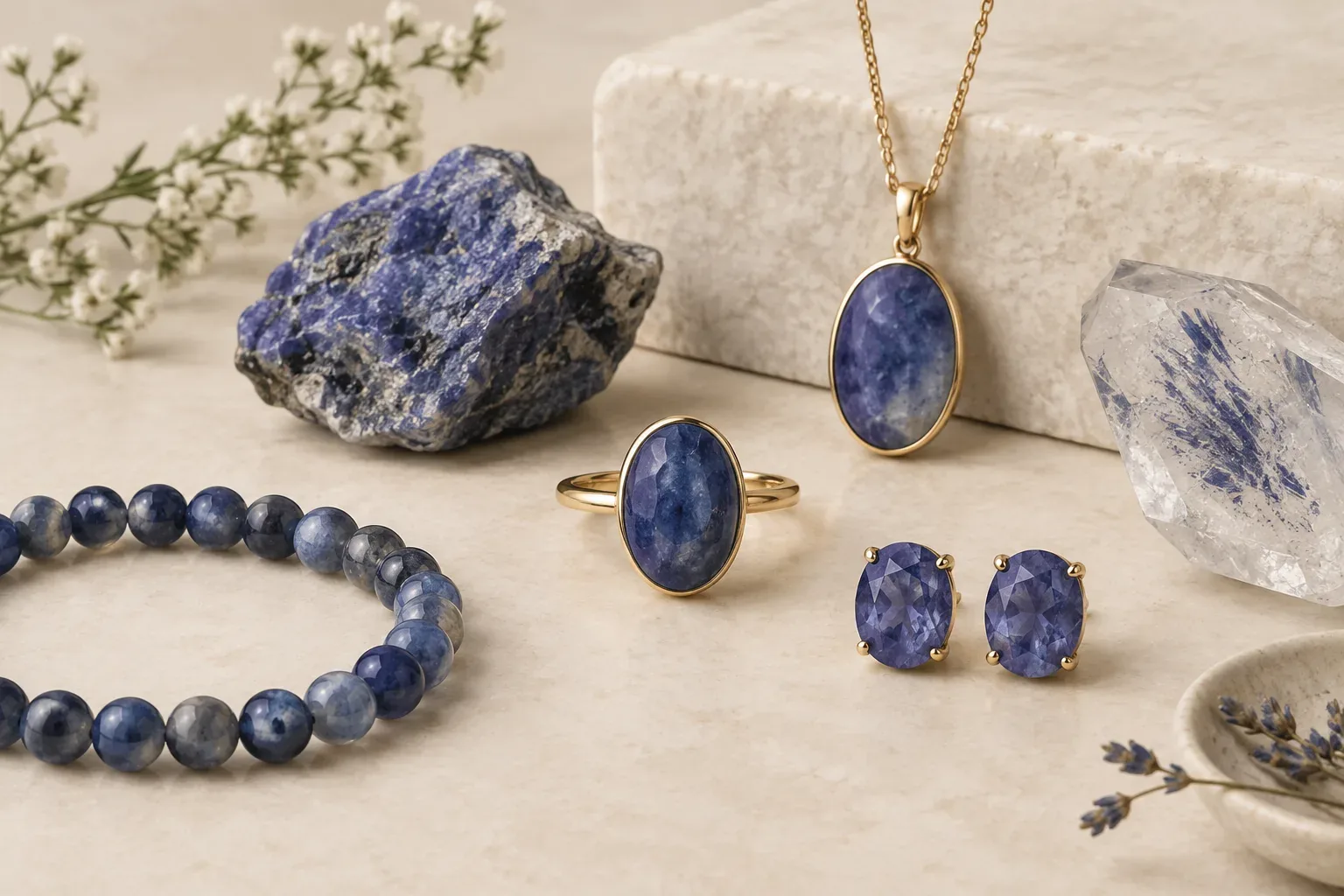 Editorial jewelry still life for Dumortierite Jewelry Meaning: Blue Color, Buying, and Care