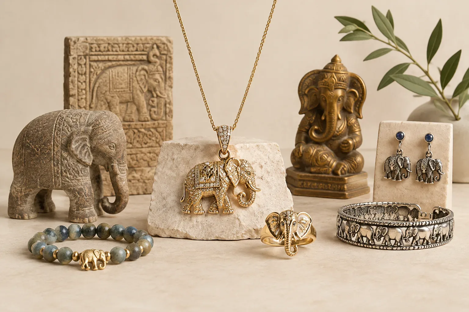 Editorial jewelry still life for Elephant Jewelry Meaning: History, Symbolism, and Modern Wear