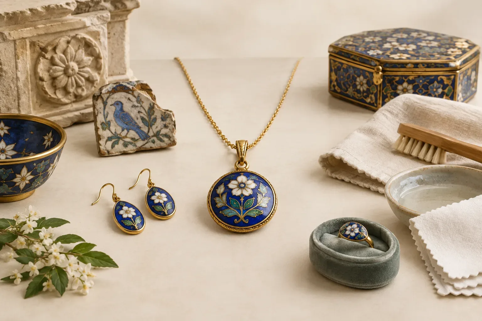 Editorial jewelry still life for Enamel Jewelry Cleaning and Storage Guide: Safe Methods and Mistakes