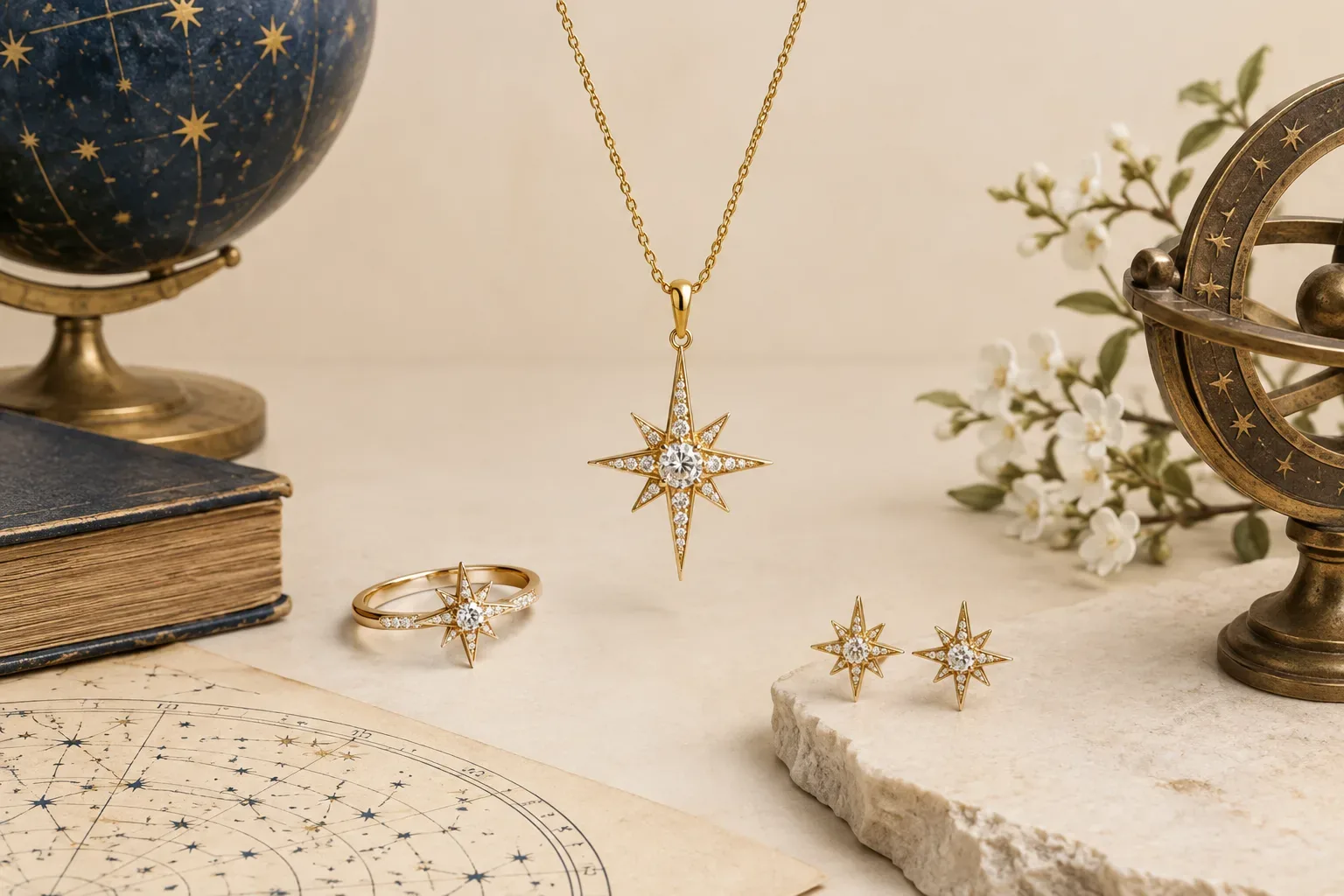 Editorial jewelry still life for Evening Star Jewelry Meaning: History, Astronomy, and Modern Symbolism