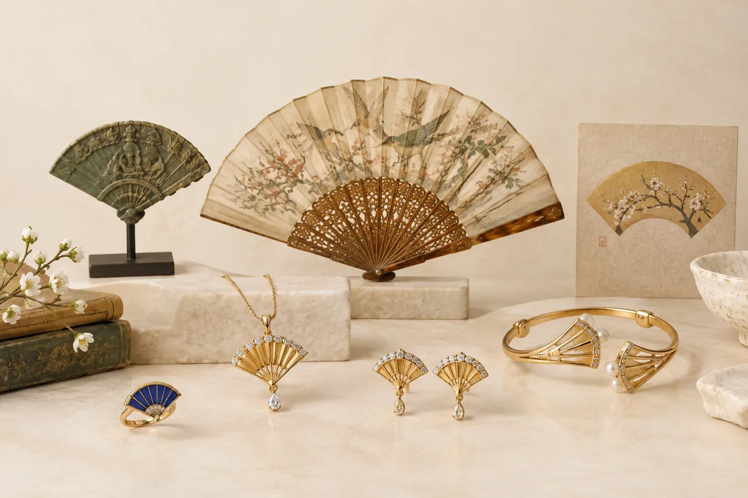 Editorial jewelry still life for Fan Jewelry Meaning: History, Symbolism, and Modern Wear