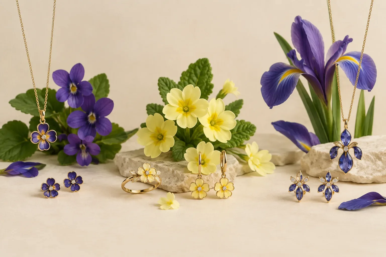 Editorial jewelry still life for February Birth Flower Meaning: Violet, Primrose, and Iris Jewelry