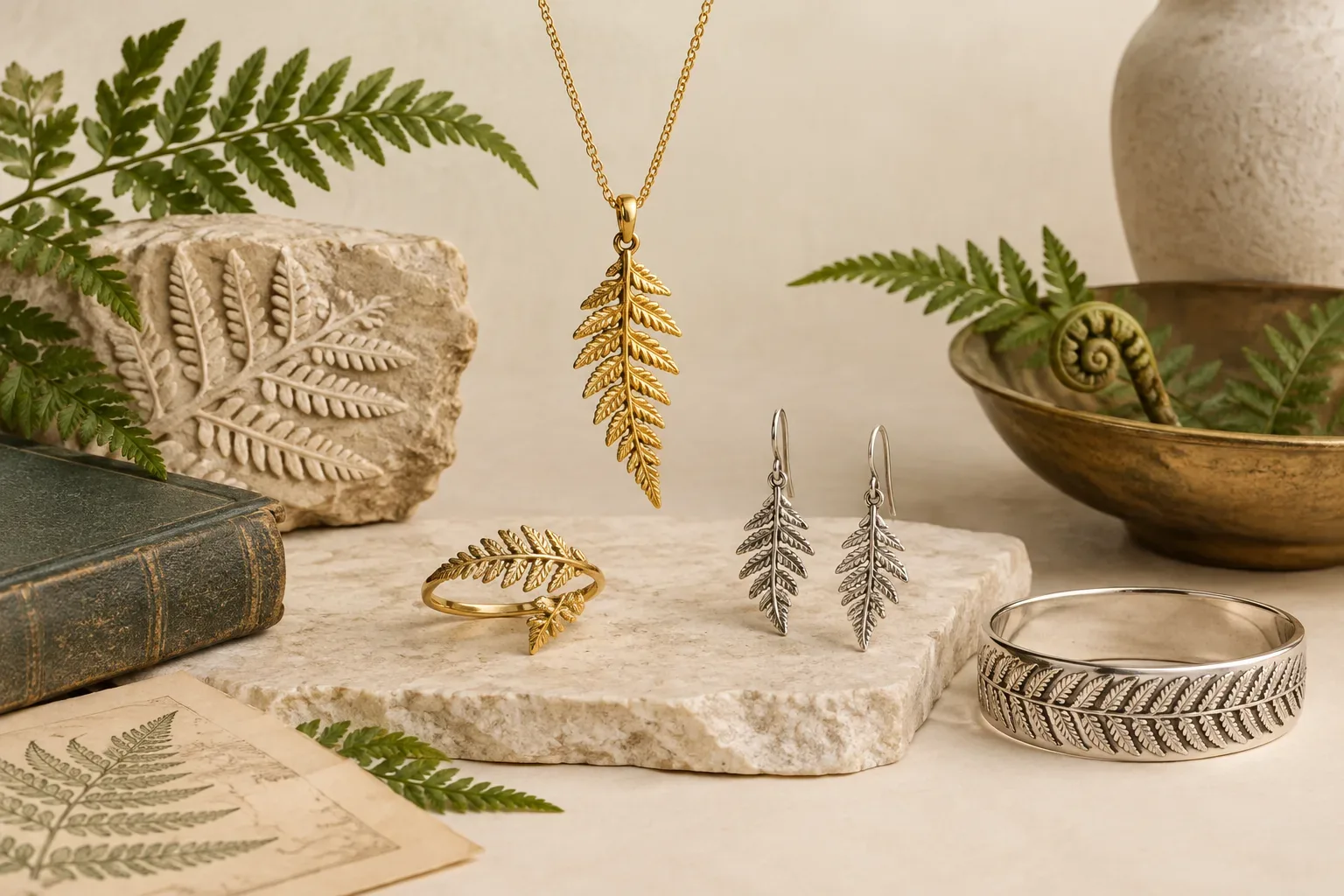 Editorial jewelry still life for Fern Jewelry Meaning: History, Symbolism, and Modern Wear