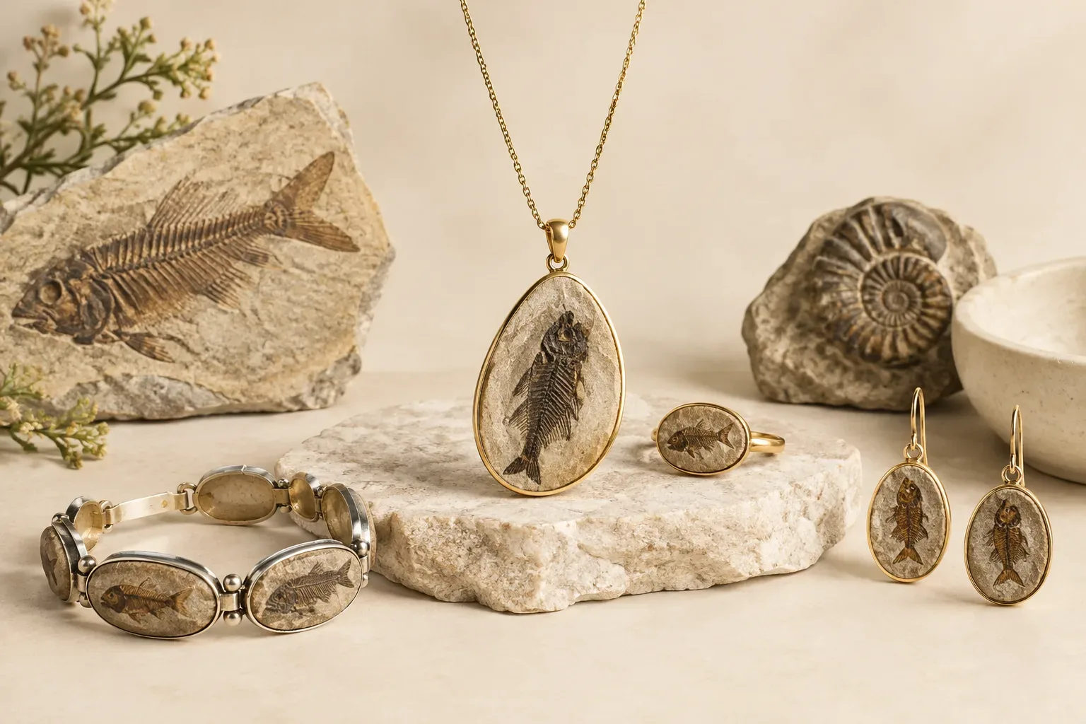 Editorial jewelry still life for Fish Fossil Jewelry Buying Guide: Authenticity, Treatment, and Care