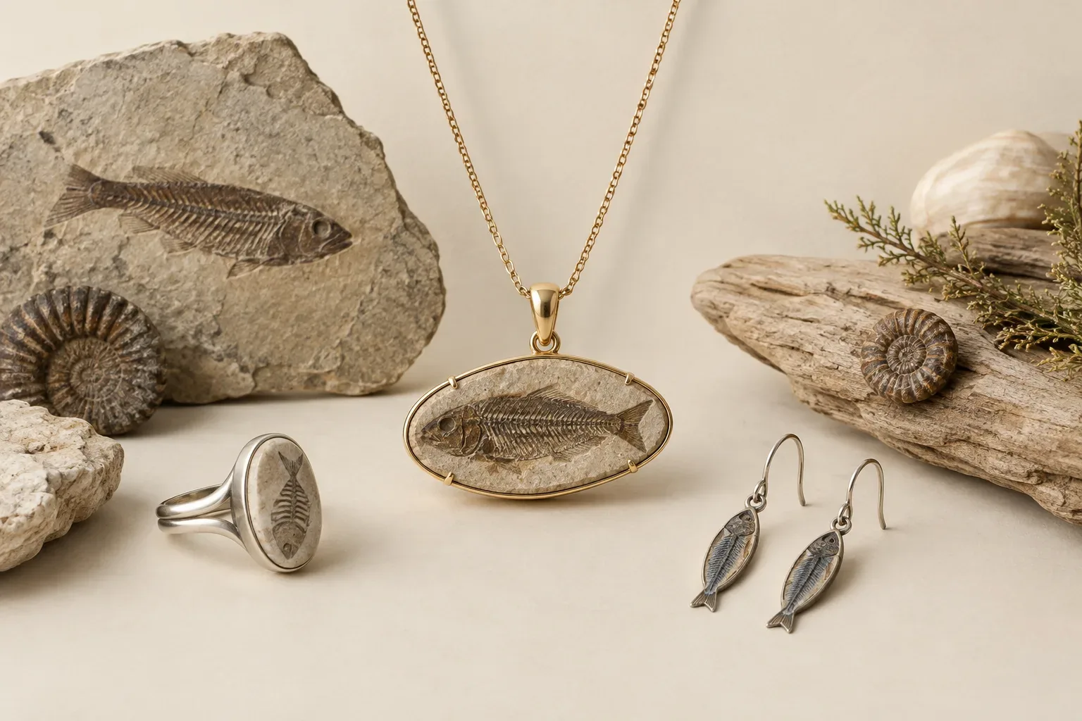 Editorial jewelry still life for Fish Fossil Jewelry Guide: Natural History, Meaning, and Responsible Wear