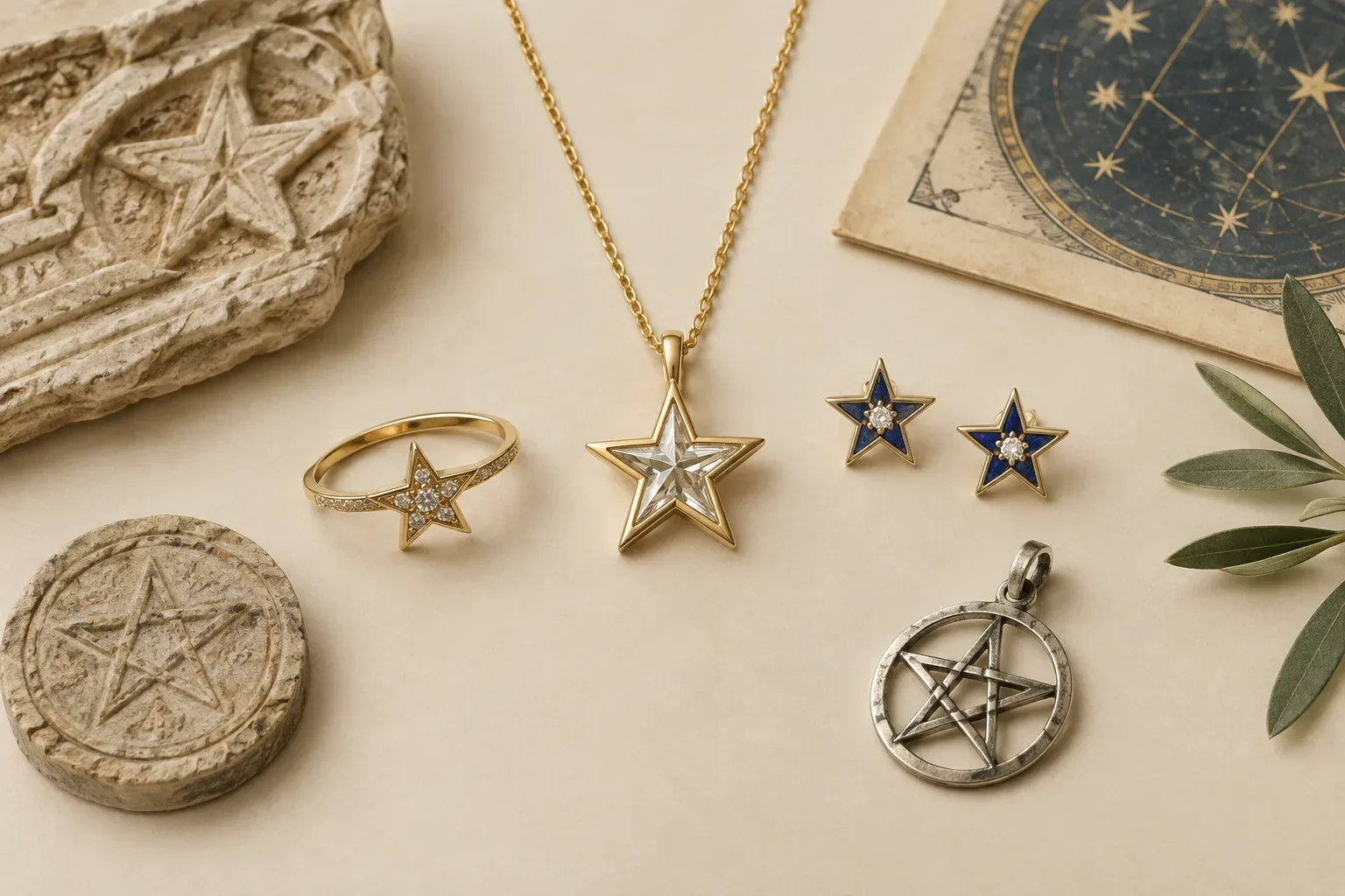 Editorial jewelry still life for Five-Pointed Star Jewelry Meaning: History, Symbolism, and Modern Wear