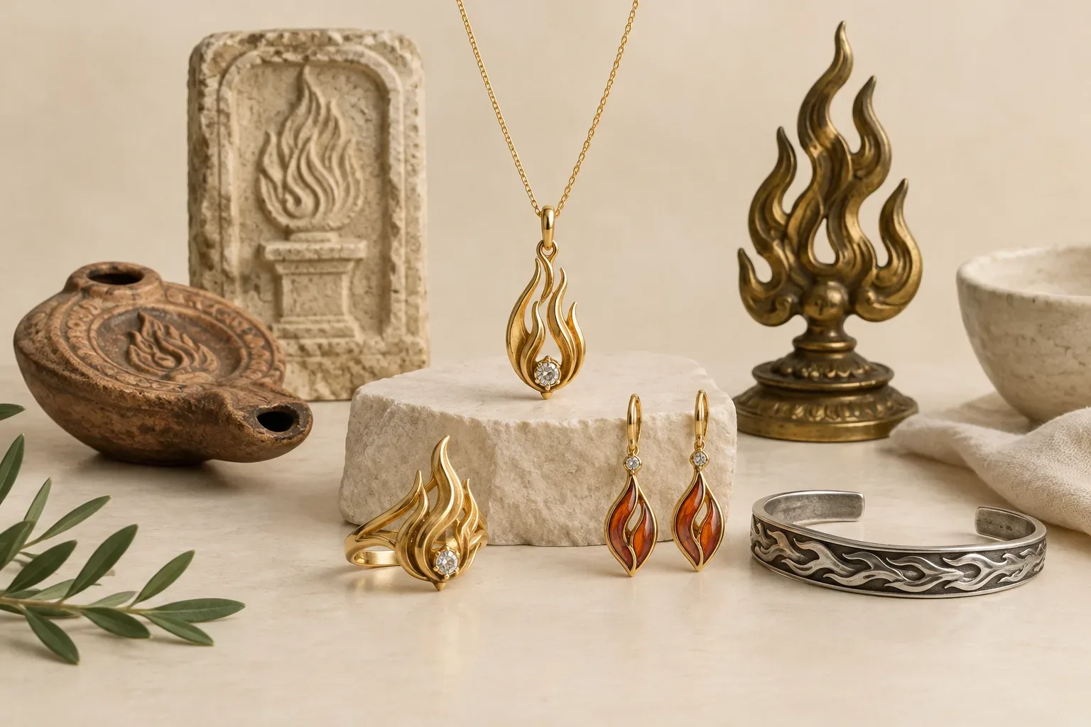 Editorial jewelry still life for Flame Jewelry Meaning: History, Symbolism, and Modern Wear