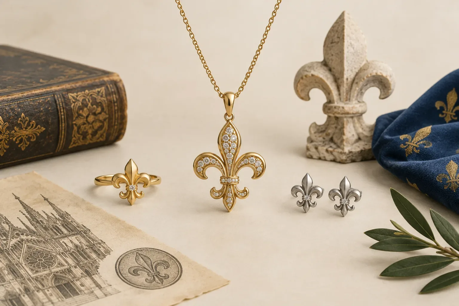 Editorial jewelry still life for Fleur-de-Lis Jewelry Meaning: History, Symbolism, and Modern Wear
