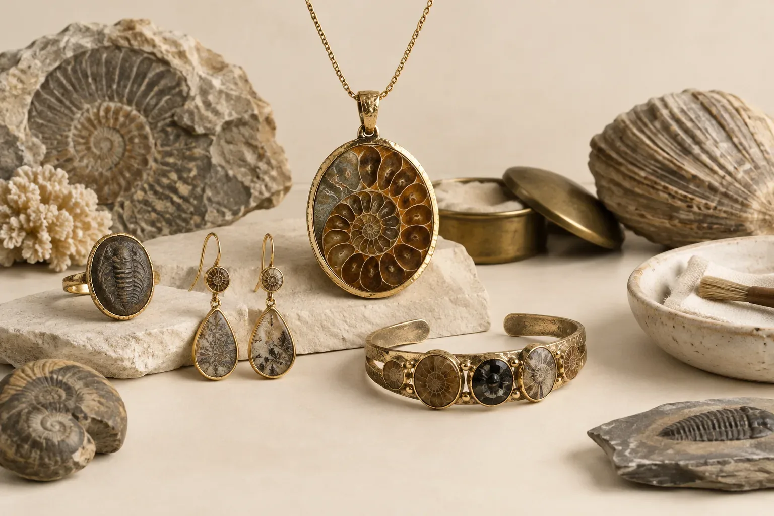 Editorial jewelry still life for Fossil Jewelry Cleaning and Storage Guide: Safe Methods and Mistakes