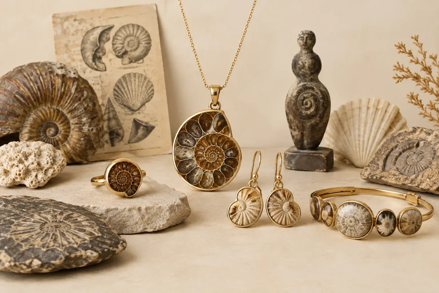 Editorial jewelry still life for Fossil Shell Jewelry Buying Guide: Authenticity, Treatment, and Care