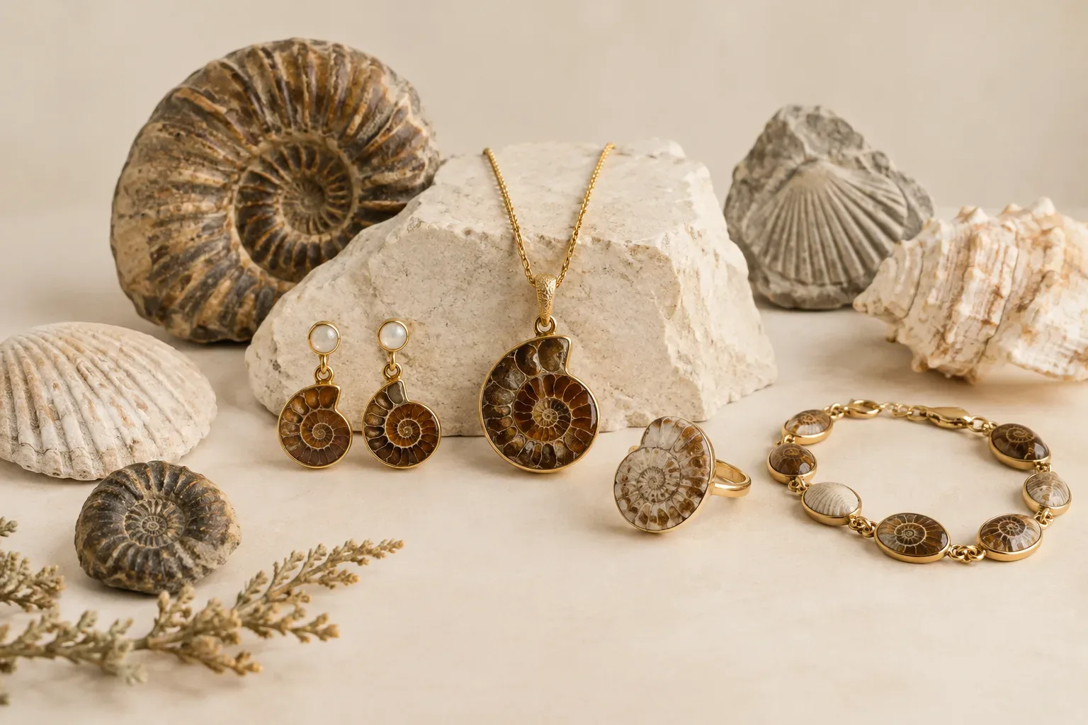 Editorial jewelry still life for Fossil Shell Jewelry Guide: Natural History, Meaning, and Responsible Wear