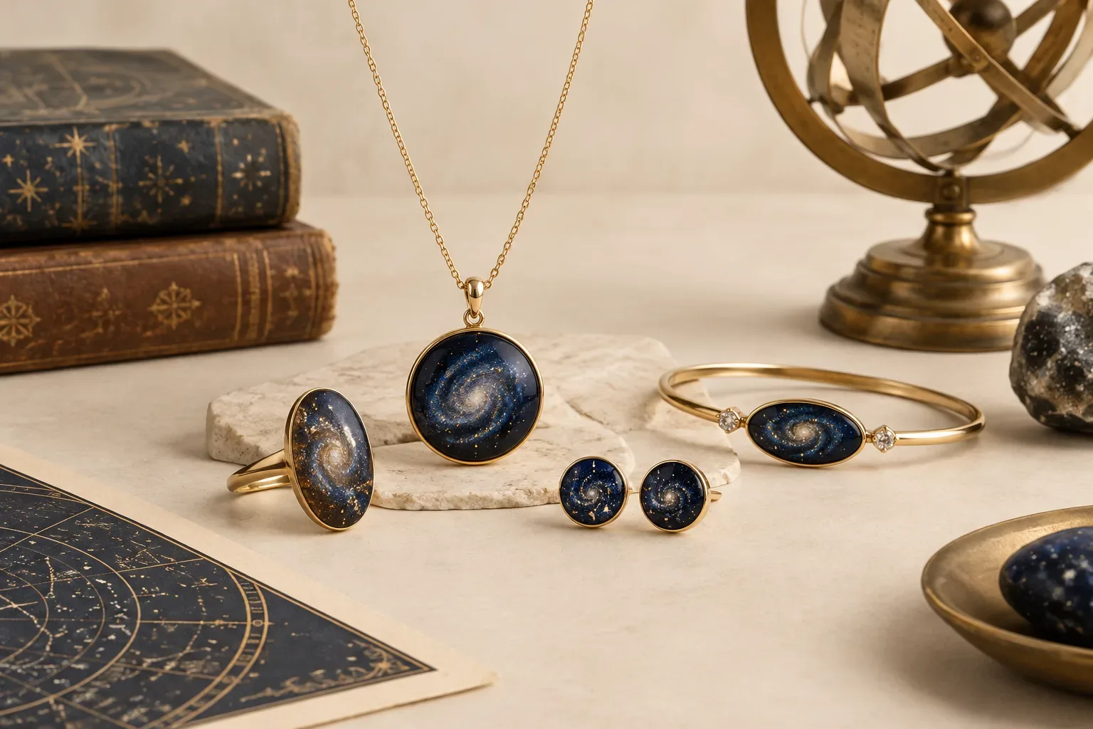 Editorial jewelry still life for Galaxy Jewelry Meaning: History, Astronomy, and Modern Symbolism