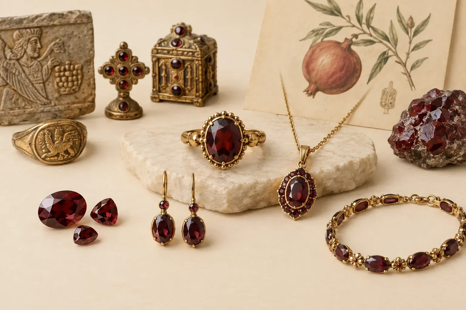 Editorial jewelry still life for Garnet Cuts and Settings: Choosing Beauty and Durability