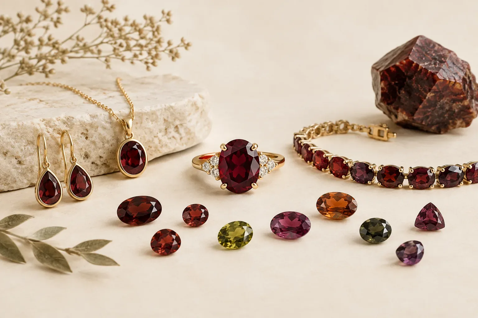 Editorial jewelry still life for Garnet Jewelry Meaning: Colors, History, Buying, and Care