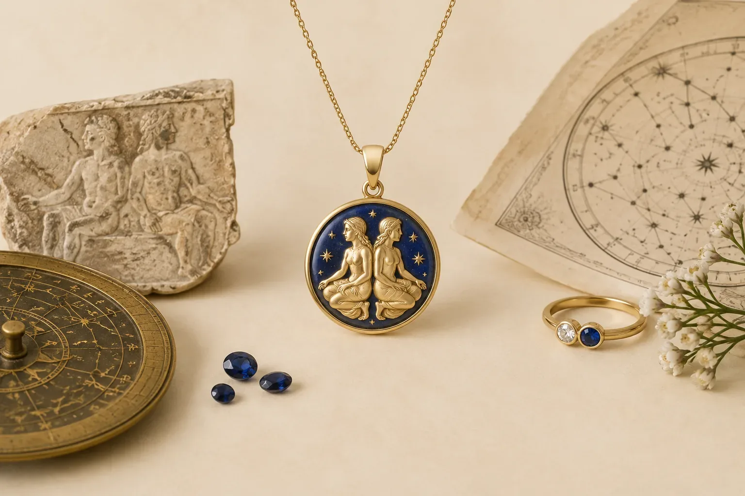 Editorial jewelry still life for Gemini Jewelry Meaning: History, Astronomy, and Modern Symbolism