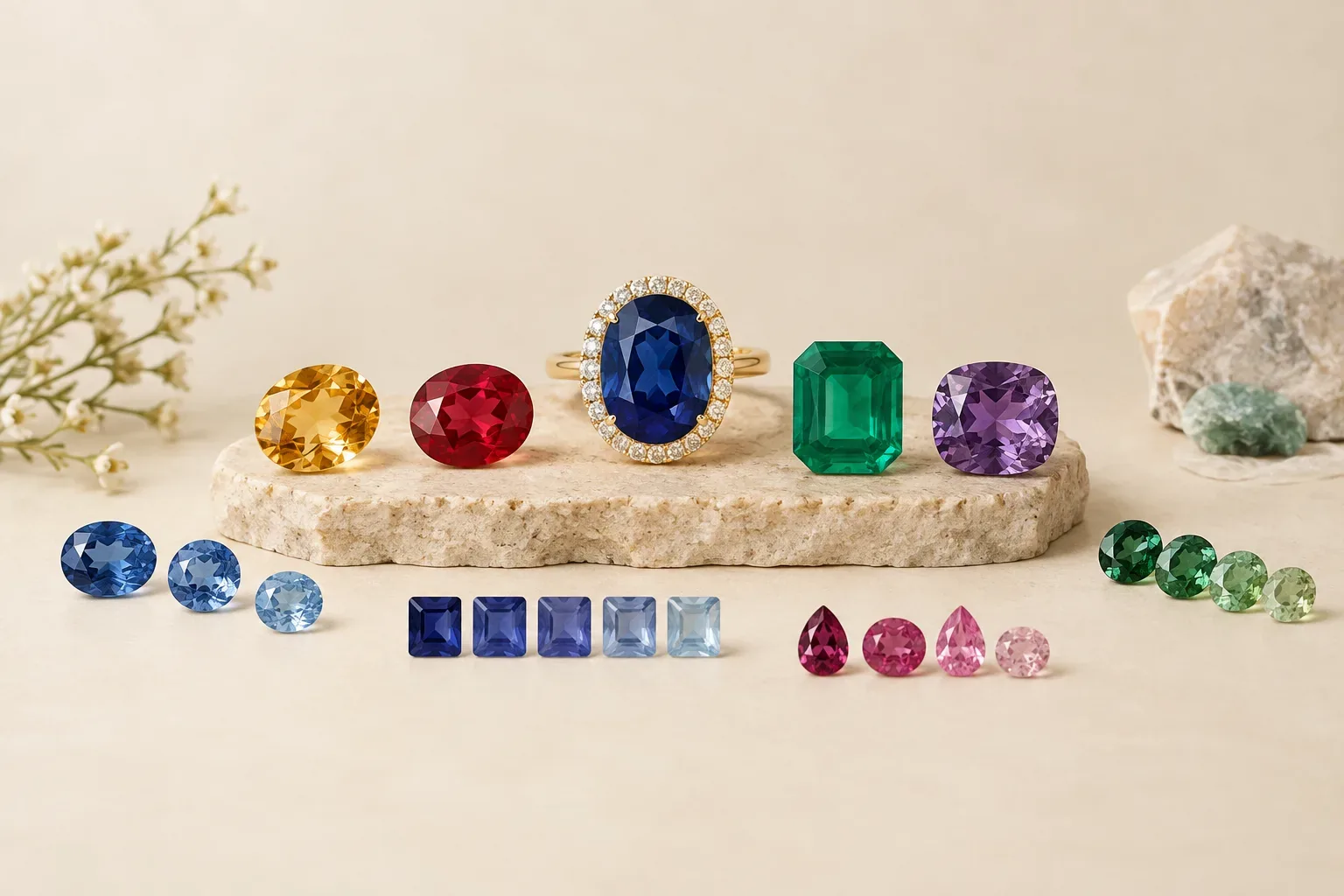 Editorial jewelry still life for Gemstone Hue, Tone, and Saturation Explained