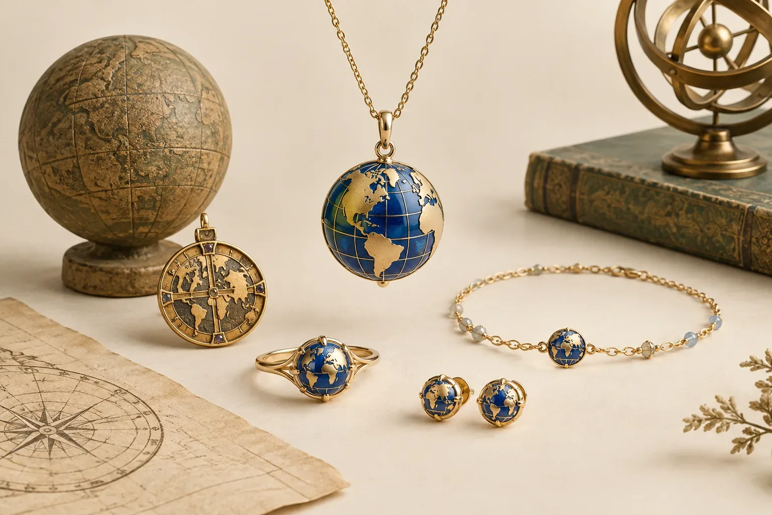 Editorial jewelry still life for Globe Jewelry Meaning: History, Symbolism, and Modern Wear