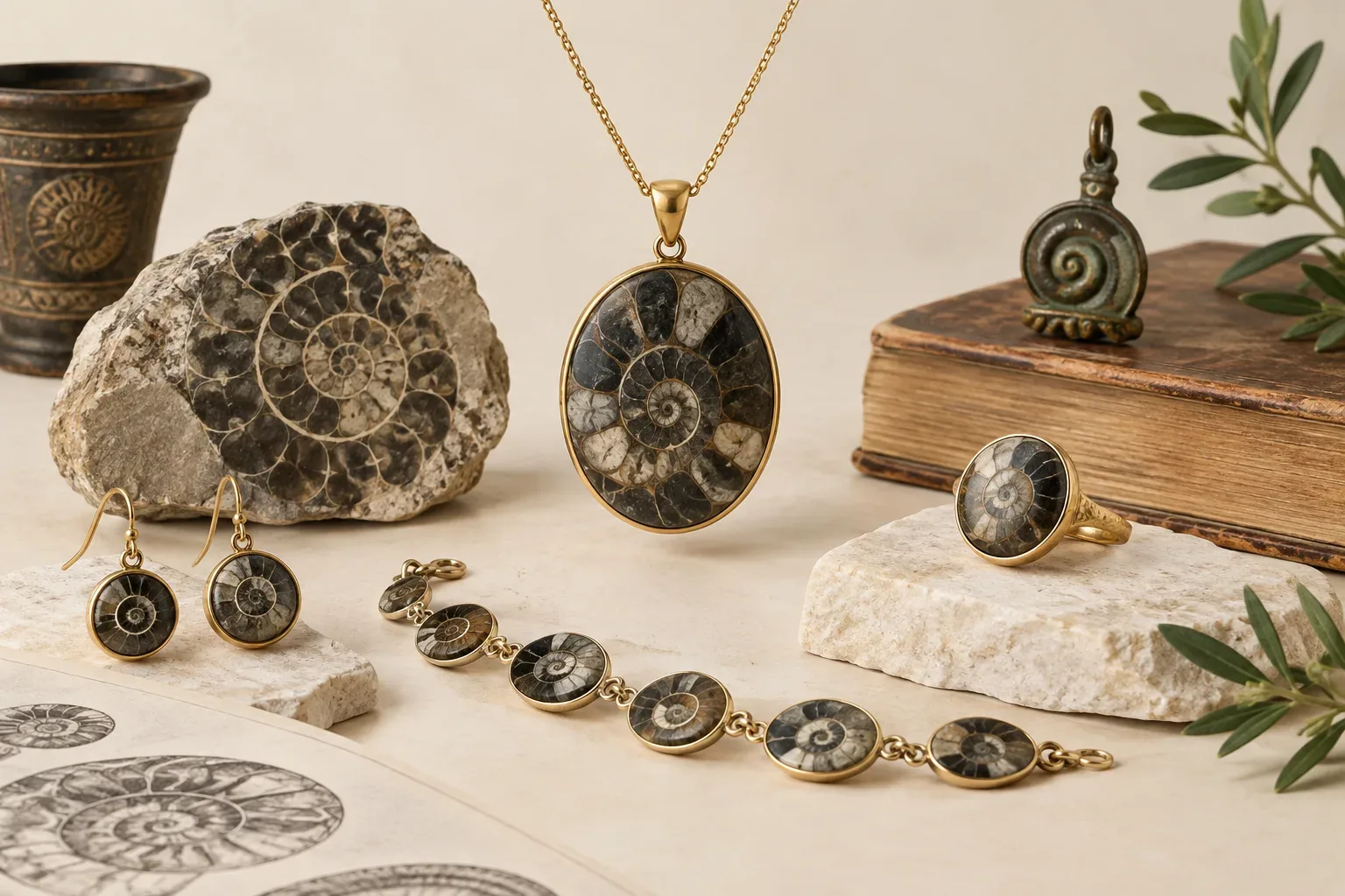 Editorial jewelry still life for Goniatite Jewelry Buying Guide: Authenticity, Treatment, and Care