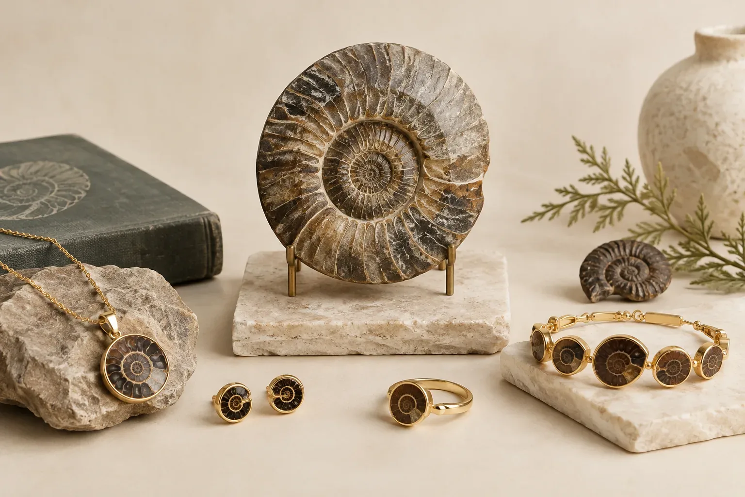 Editorial jewelry still life for Goniatite Jewelry Guide: Natural History, Meaning, and Responsible Wear