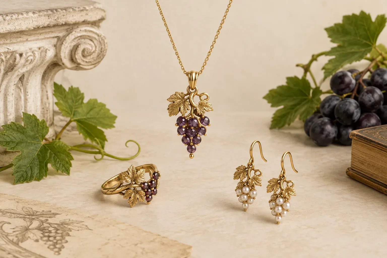 Editorial jewelry still life for Grapevine Jewelry Meaning: History, Symbolism, and Modern Wear