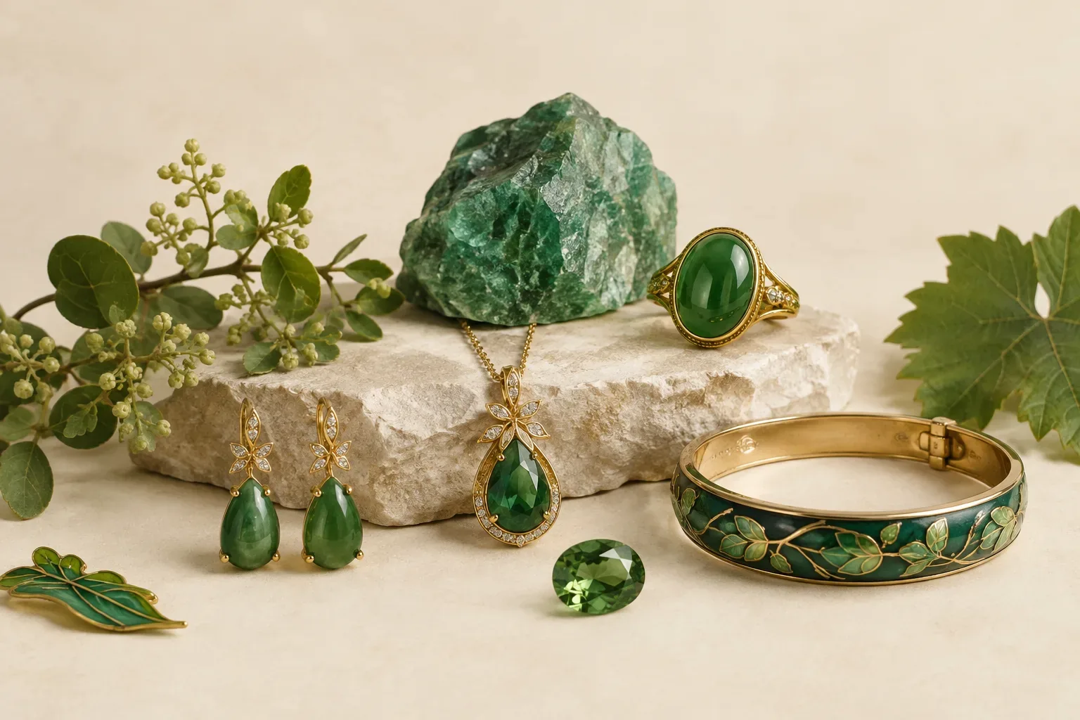 Editorial jewelry still life for Green Jewelry Meaning: Gemstones, History, and Modern Symbolism