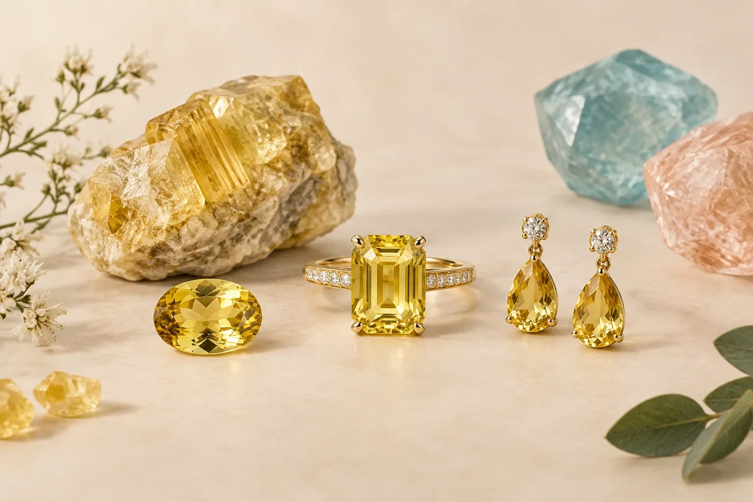Editorial jewelry still life for Heliodor Jewelry Meaning: Golden Beryl, Buying, and Care