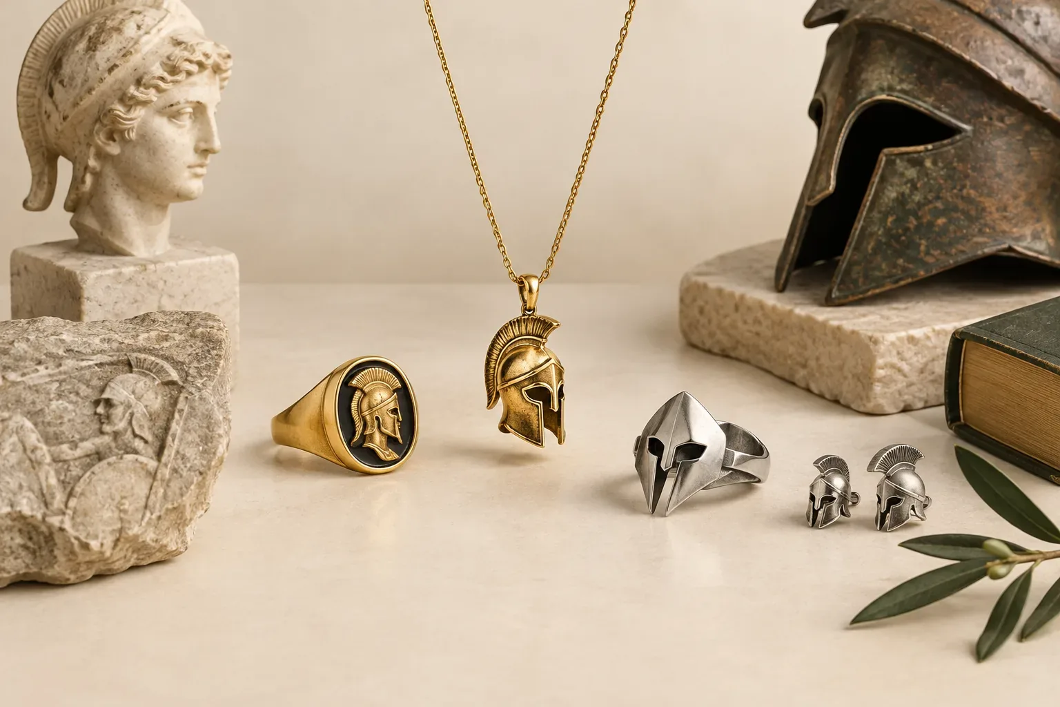 Editorial jewelry still life for Helmet Jewelry Meaning: History, Symbolism, and Modern Wear