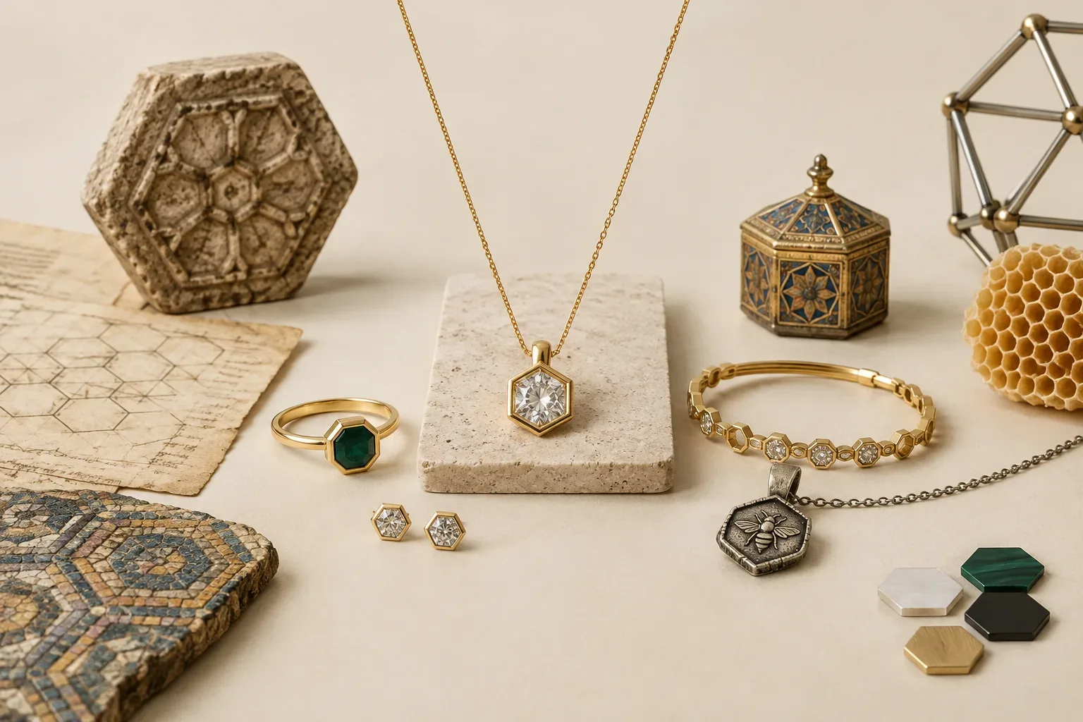Editorial jewelry still life for Hexagon Jewelry Meaning: History, Symbolism, and Modern Wear