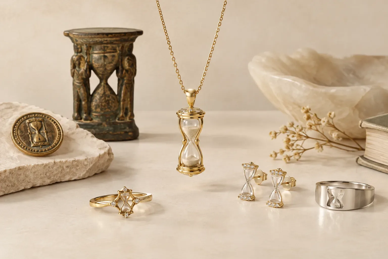Editorial jewelry still life for Hourglass Jewelry Meaning: History, Symbolism, and Modern Wear