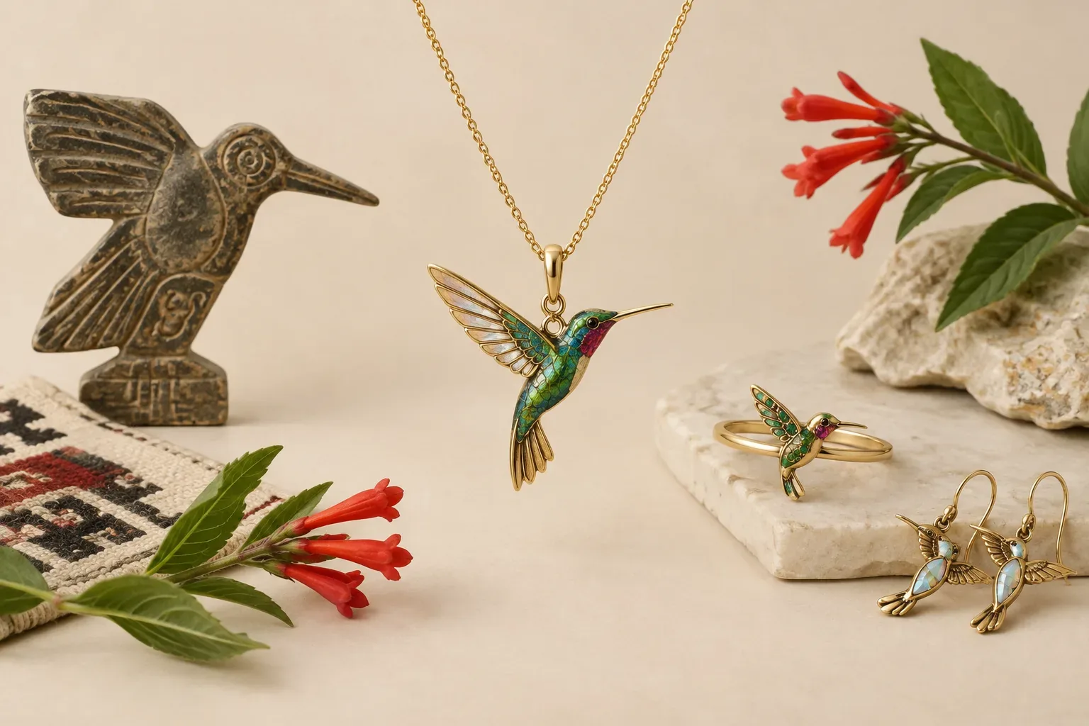 Editorial jewelry still life for Hummingbird Jewelry Meaning: History, Symbolism, and Modern Wear