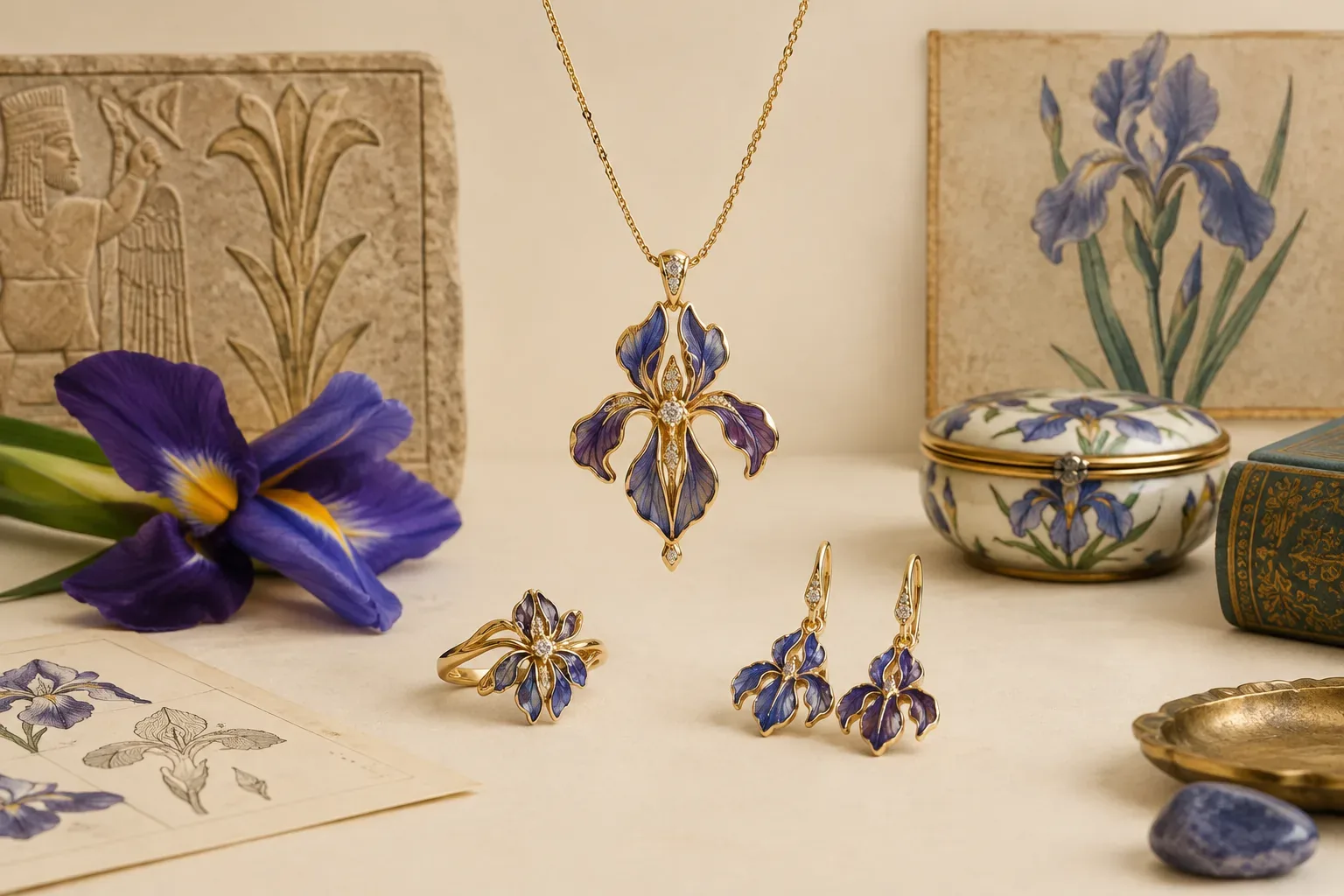 Editorial jewelry still life for Iris Jewelry Meaning: History, Symbolism, and Modern Wear