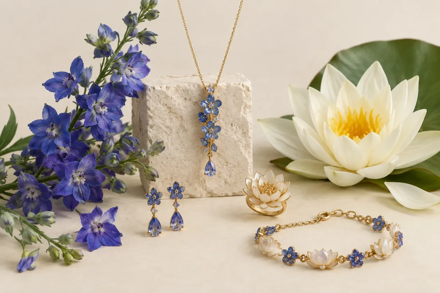 Editorial jewelry still life for July Birth Flower Meaning: Larkspur and Water Lily Jewelry
